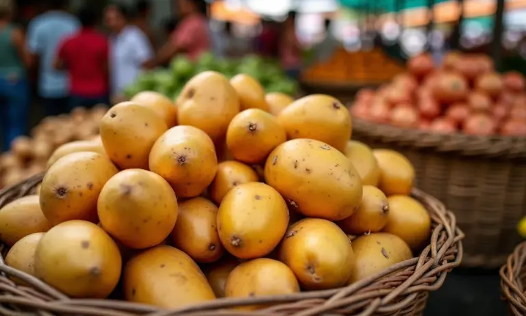 Batatas Uai frescas em exposição vibrante no mercado brasileiro.