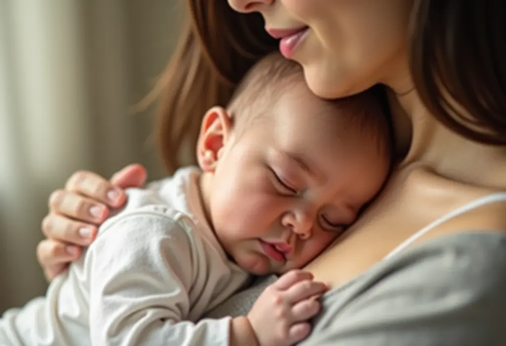 Bebê dormindo no colo da mãe, alívio de cólicas