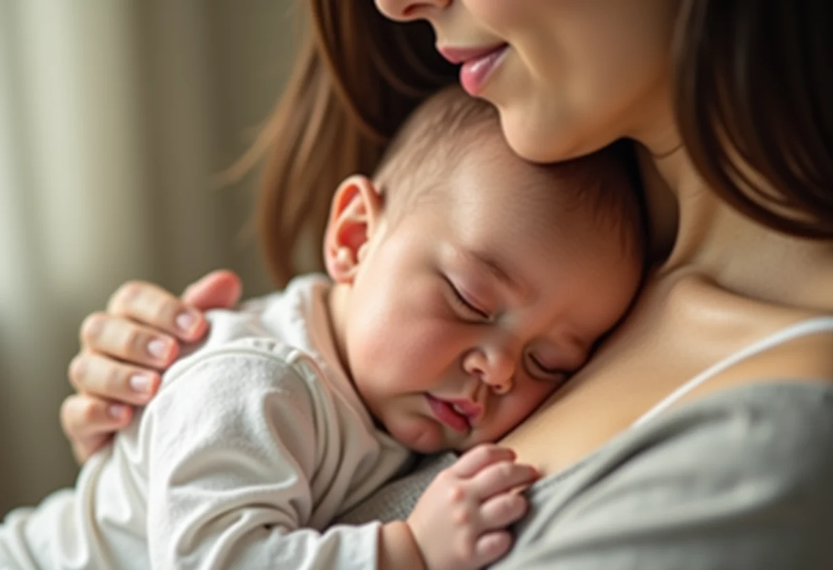 Bebê dormindo no colo da mãe, alívio de cólicas
