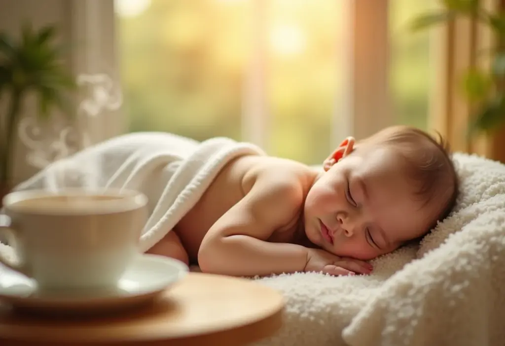 Bebê dormindo tranquilamente com chá de erva-doce ao lado