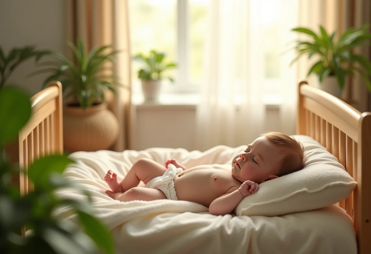 Bebê recém-nascido dormindo tranquilamente em berço com luz natural suave