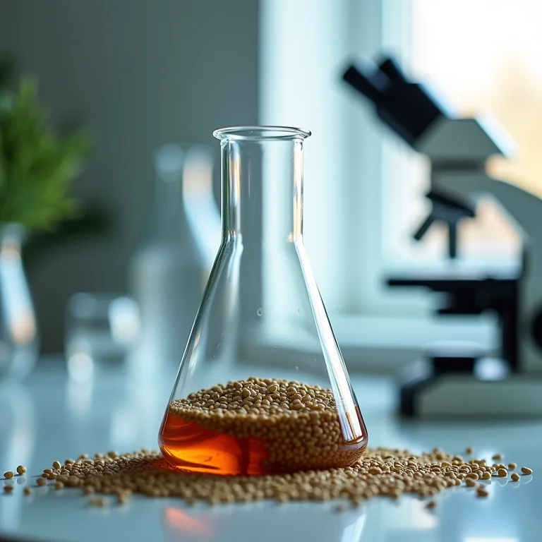 Béqueres com sementes de alcaravia e microscópio ao fundo