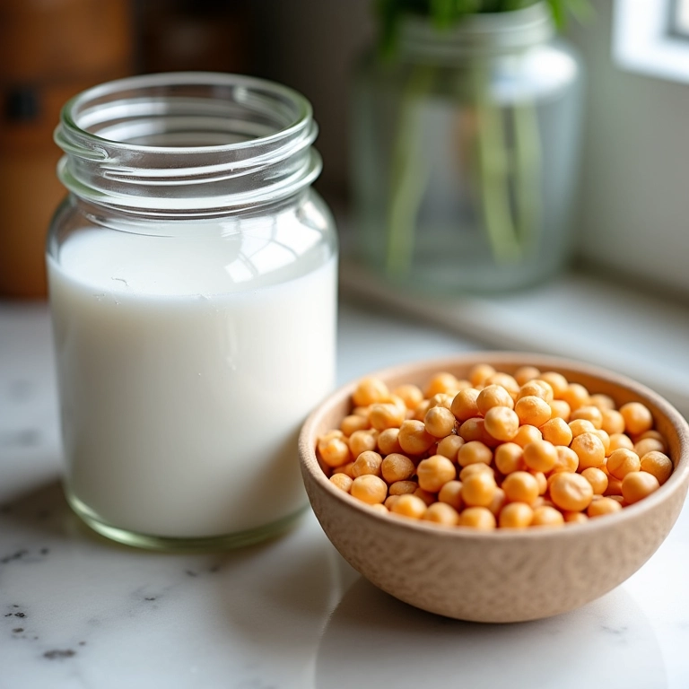Bicarbonato de sódio ao lado de grão de bico demolhado em água.
