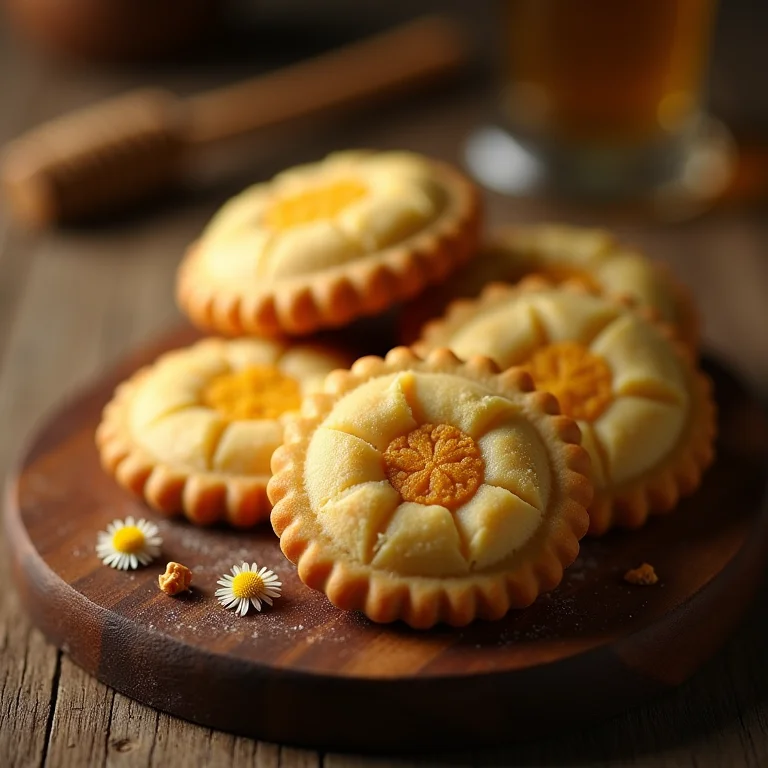 Biscoitos de camomila com mel em uma tábua de madeira.