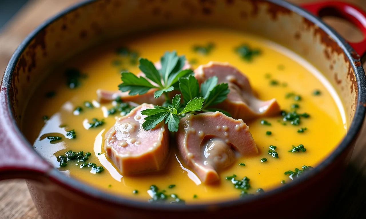 Blanquette de Veau cremoso e fumegante em panela rústica.