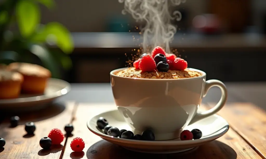 Bolinho de aveia fit pronto em 5 minutos, com frutas vermelhas e canela.