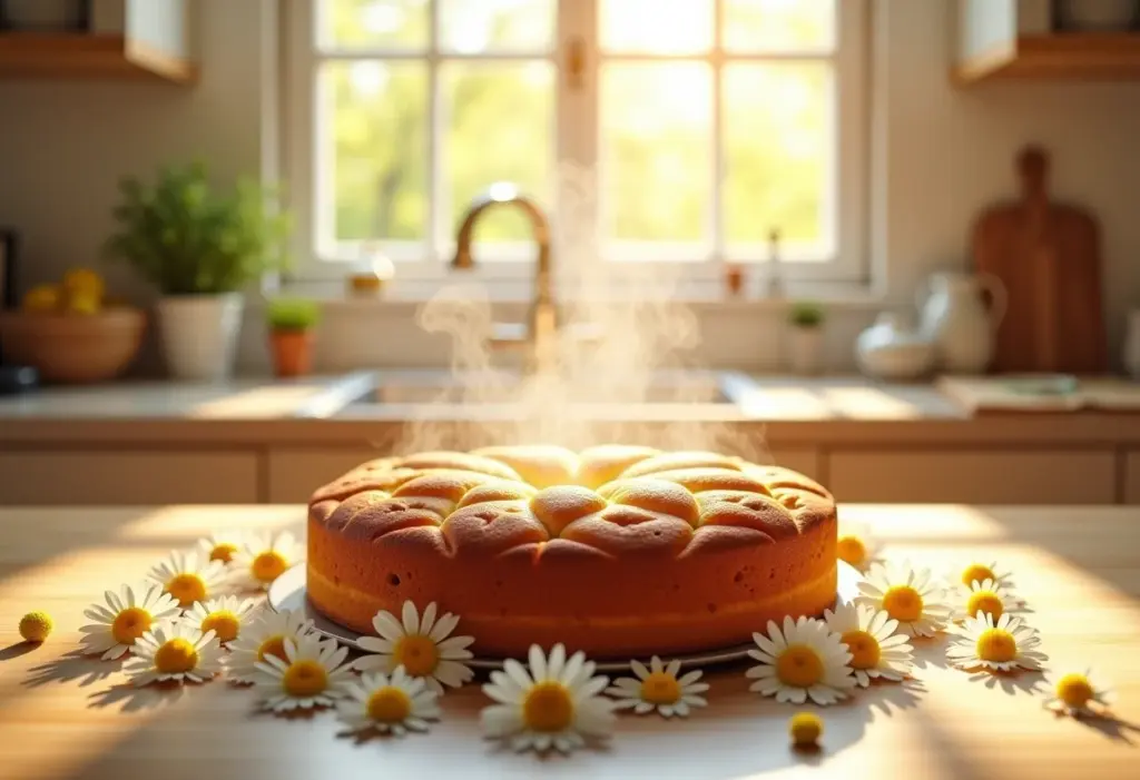 Bolo de camomila com limão e flores de camomila em uma bancada ensolarada.