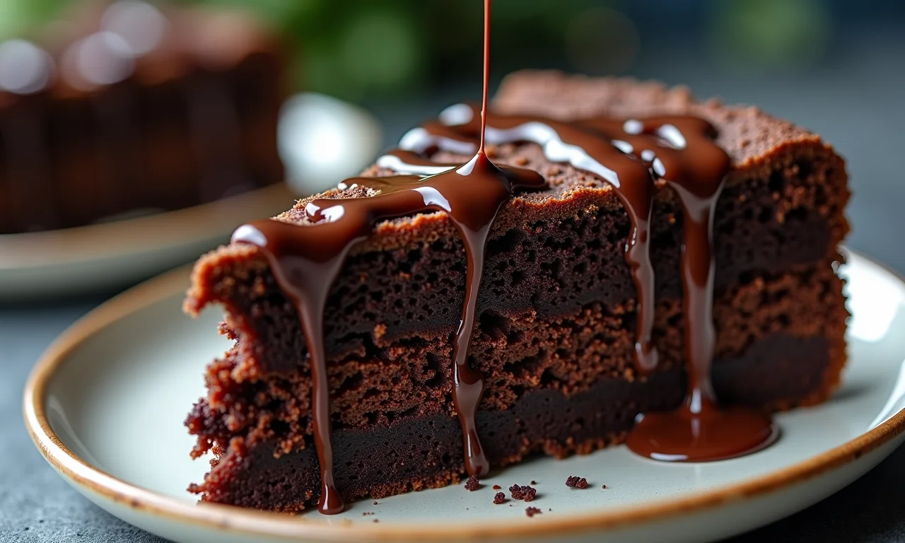 Bolo de chocolate com semente de papoula com calda.