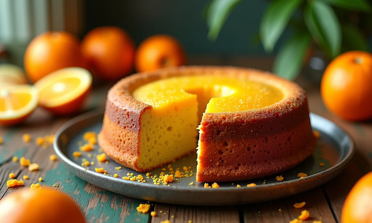 Bolo de laranja com semente de papoula em mesa colorida.