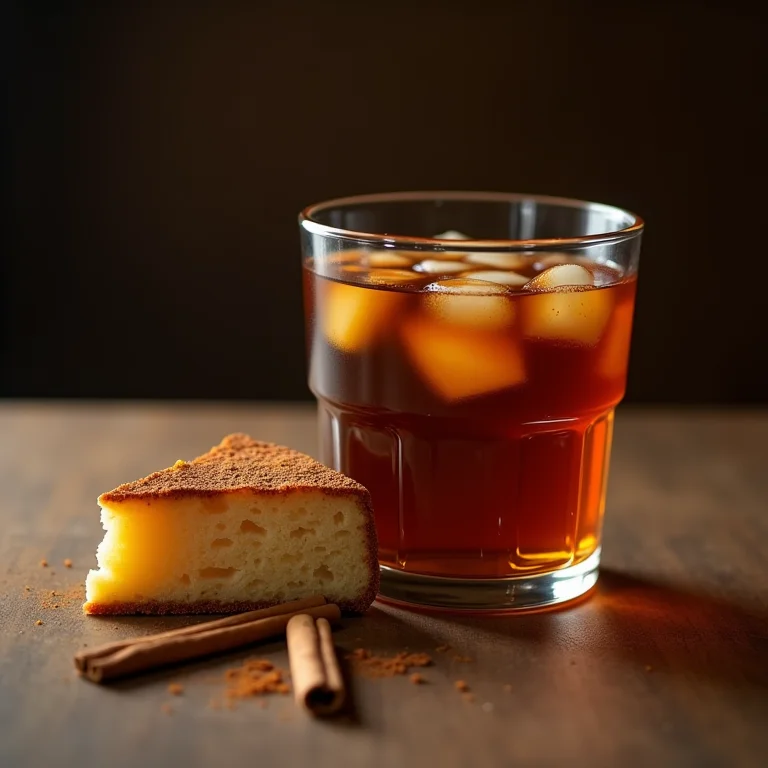 Bolo e refrigerante com canela.