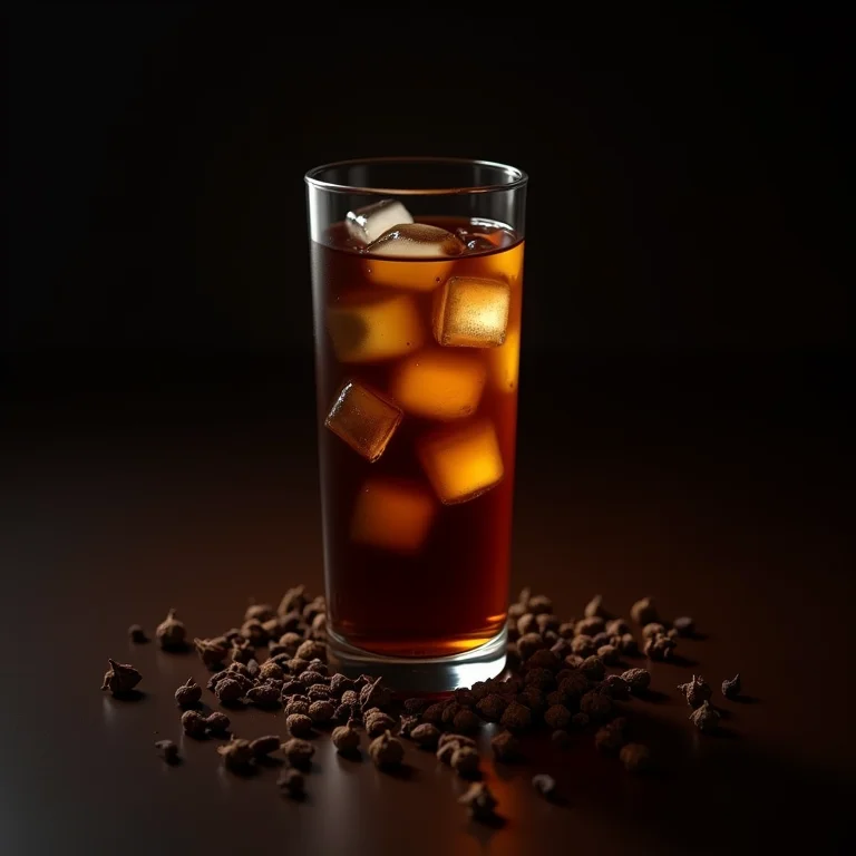 Botões de cravo-da-índia espalhados perto de um copo de chá preto gelado.