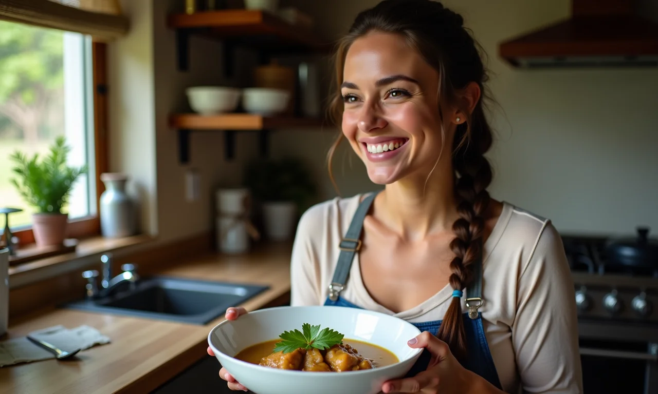 Brasileira saboreando Blanquette de Veau em cozinha aconchegante.