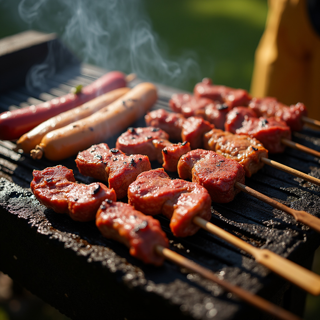Brazilian BBQ: Assorted meat skewers grilling on a rustic churrasqueira, picanha, sausage, vibrant Espetinhos de carne variados na churrasqueira.