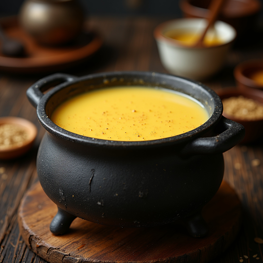 Brazilian 'doce de leite' in witch cauldron pot, creamy texture, rustic kitchen, sweet dessert, Doce de leite caseiro na panela caldeirão.