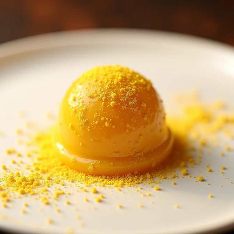 Brigadeiro de Açafrão em um prato branco, polvilhado com ouro comestível.