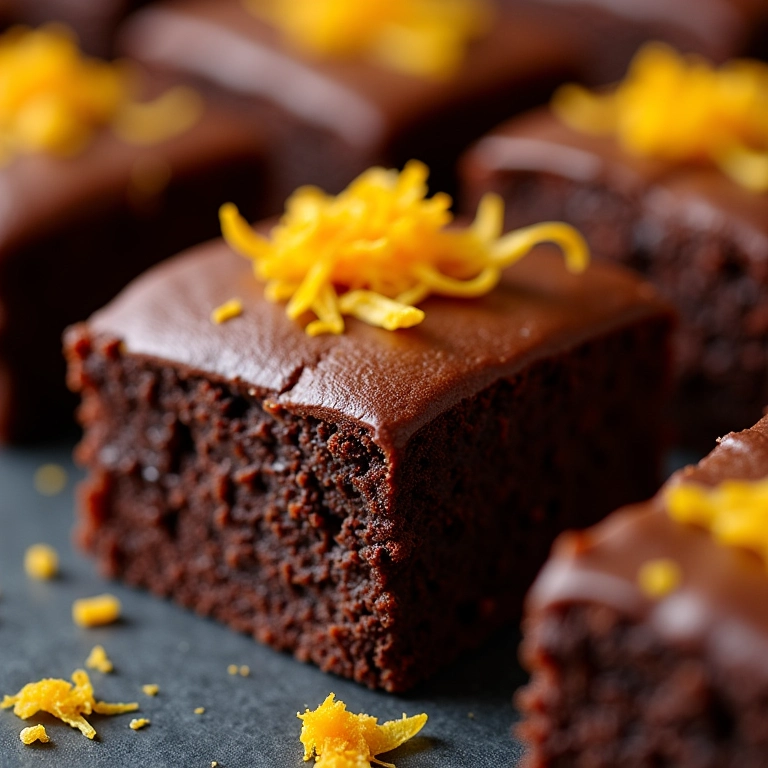 Brownie de chocolate com raspas de laranja, textura rica e apetitosa.