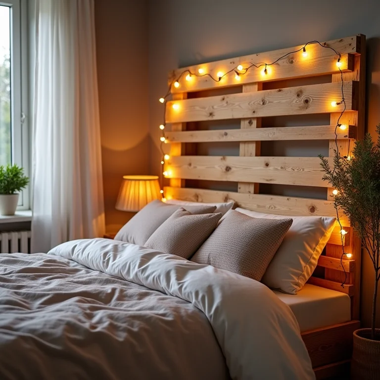Cabeceira de cama feita com pallets decorada com luzes.