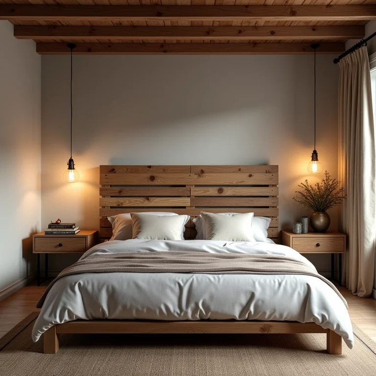 Cabeceira de cama feita com pallets em quarto rústico