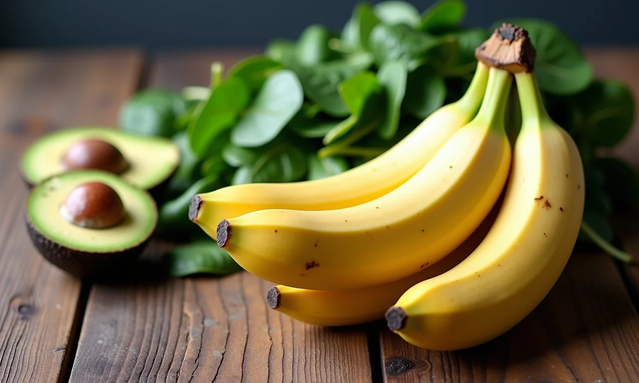 Cacho de bananas com alimentos ricos em potássio, como abacate e espinafre.