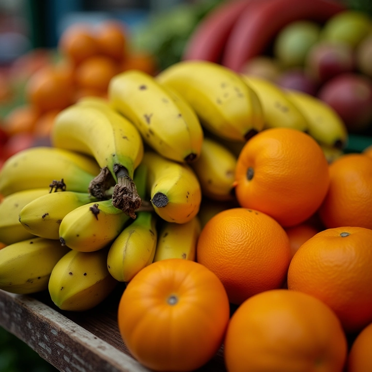 Cacho de bananas nanicas em uma banca de mercado brasileira.