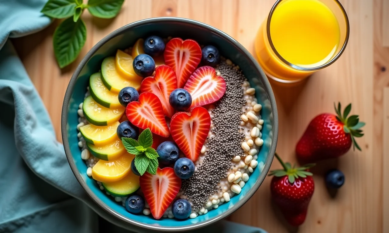 Café da manhã brasileiro com chia e frutas, proteção cardiovascular.