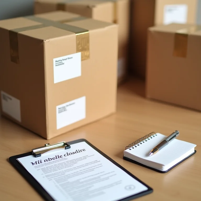 Caixas de mudança com etiquetas e prancheta com anotações