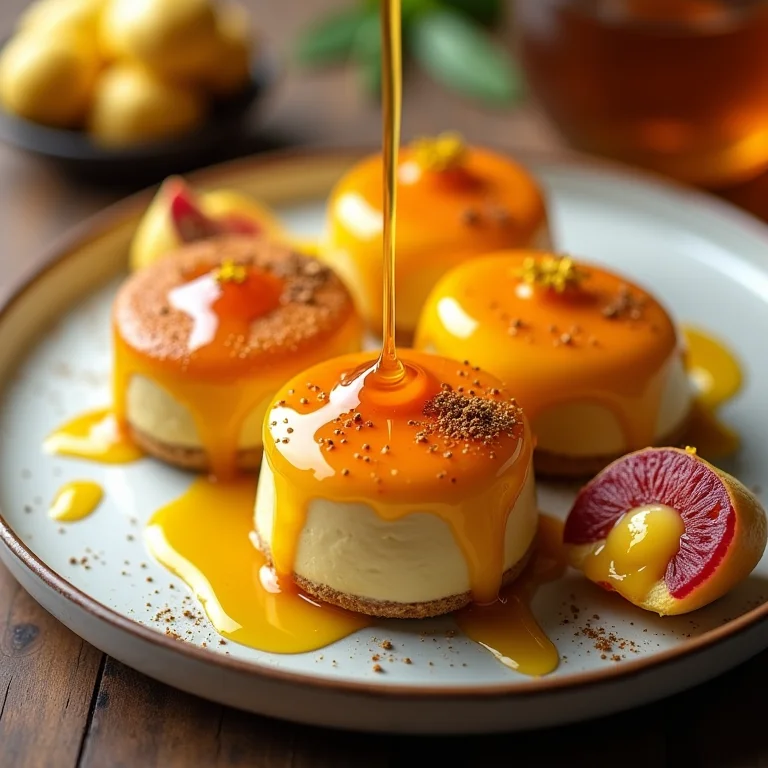 Calda de açafrão sendo regada sobre diversas sobremesas criativas.