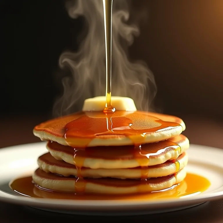 Calda de camomila sendo derramada sobre panquecas.