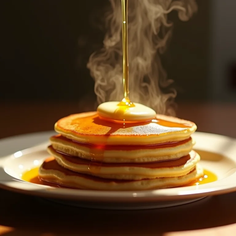 Calda de camomila sendo derramada sobre panquecas.