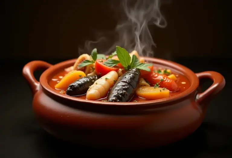 Caldeirada de peixe fumegante em panela de barro rústica.