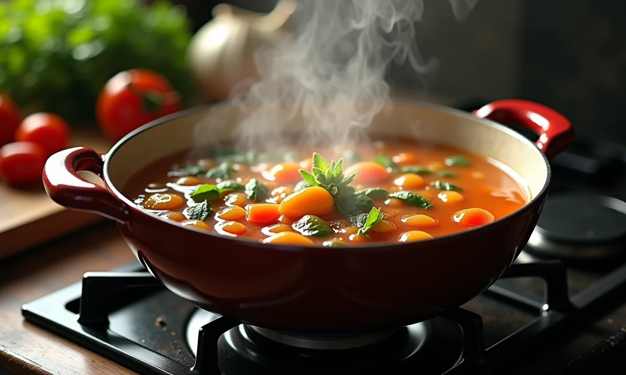 Caldo aromático fervendo para o Blanquette de Veau.
