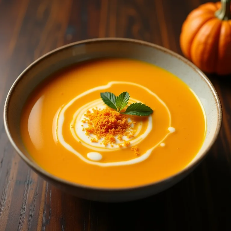 Caldo de abóbora com açafrão e gengibre, uma opção reconfortante e nutritiva para os dias frios.