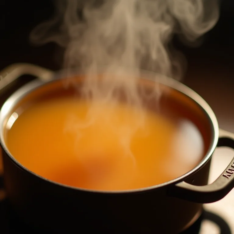 Caldo de frango caseiro com cor rica e vapor, representando sabor e nutrição.