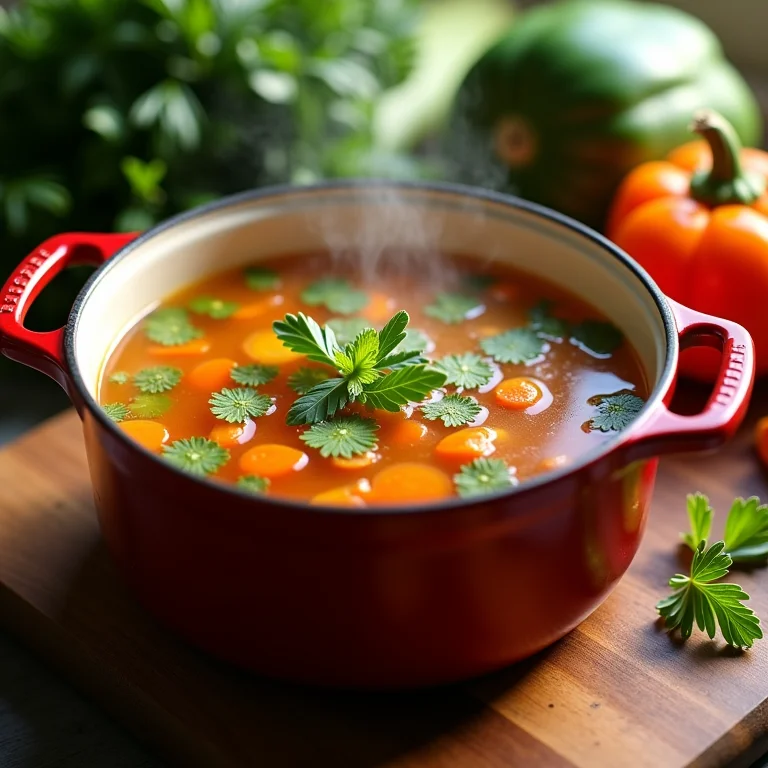 Caldo de legumes caseiro fumegante, com legumes frescos ao redor.