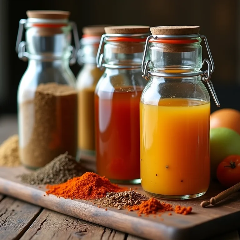 Caldo de legumes e temperos caseiros em potes de vidro