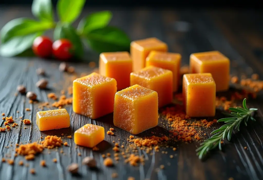 Caldo em cubos faz mal? 5 coisas que você precisa saber antes de usar Caldo em cubos com especiarias e ervas em fundo de madeira escura