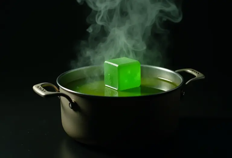 Caldo em cubos dissolvendo em uma panela fumegante, simbolizando um perigo saboroso na culinária diária.