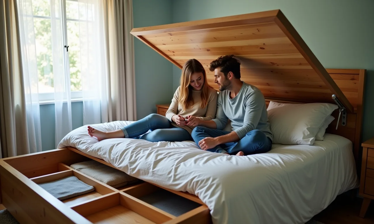Cama com baú oferecendo espaço extra para armazenamento em quarto de casal.