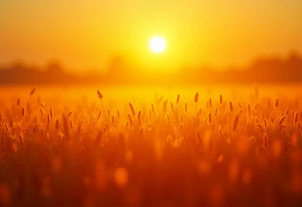 Campo de açafrão dourado ao pôr do sol, com cores vibrantes.