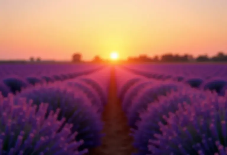 Campo de lavanda ao pôr do sol com iluminação suave