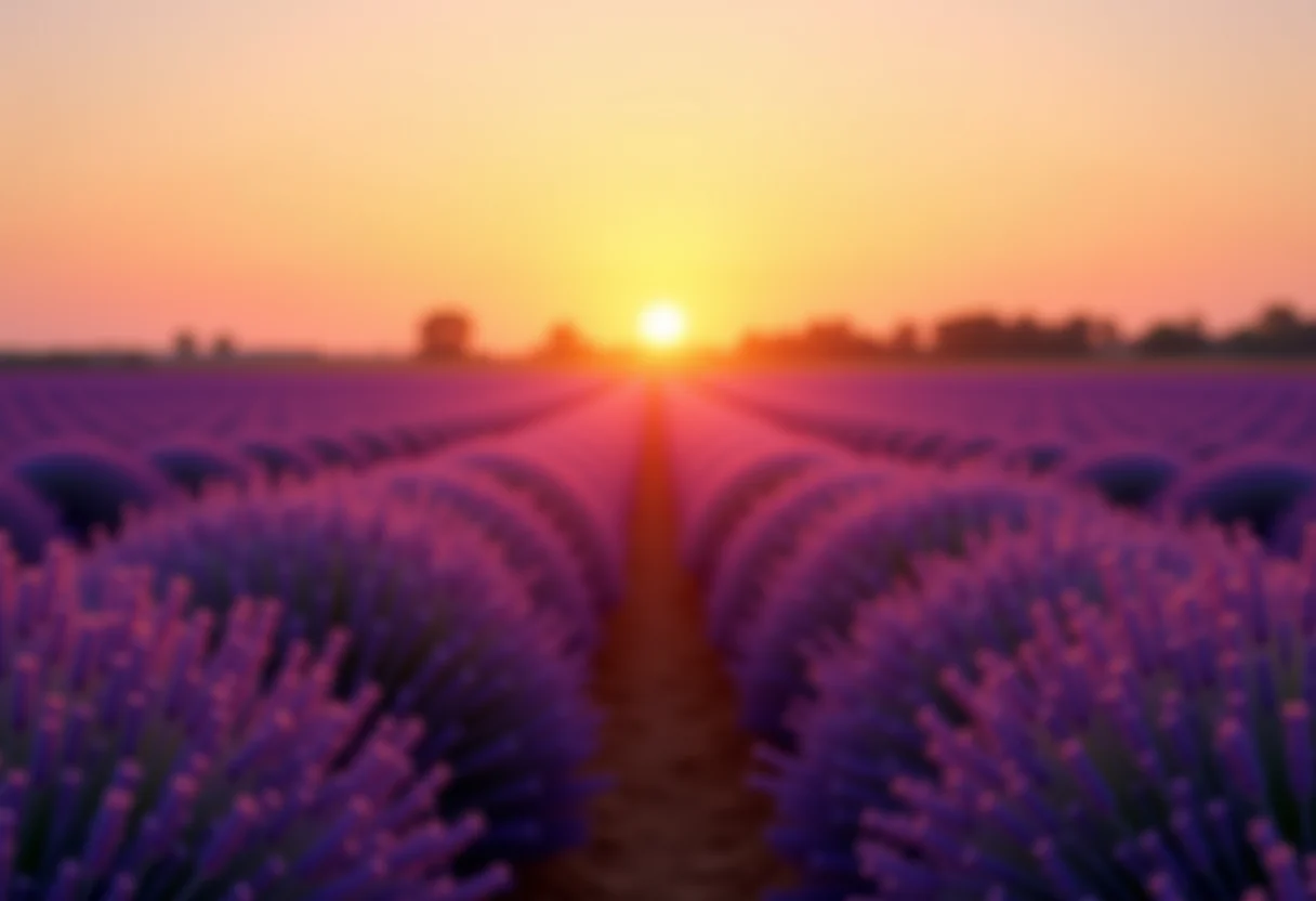 Campo de lavanda ao pôr do sol com iluminação suave