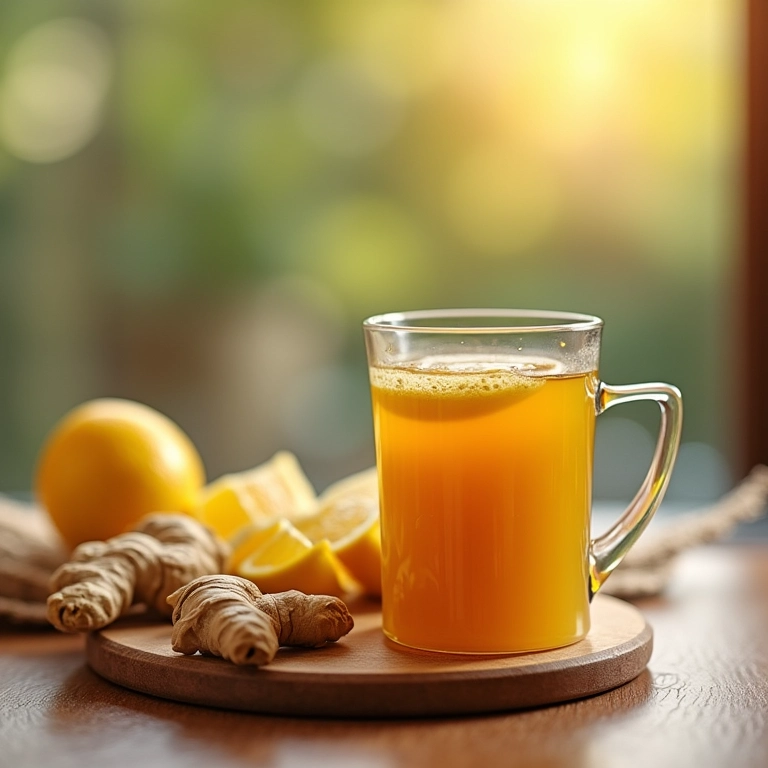 Caneca de chá de gengibre, limão e mel em ambiente aconchegante.