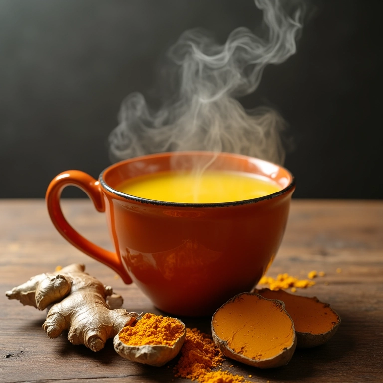 Caneca fumegante de chá de gengibre e cúrcuma.