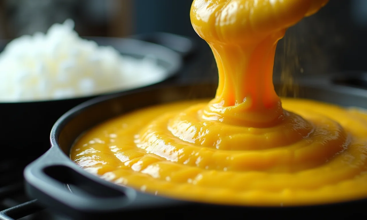 Canjica branca e amarela em preparo, texturas distintas.