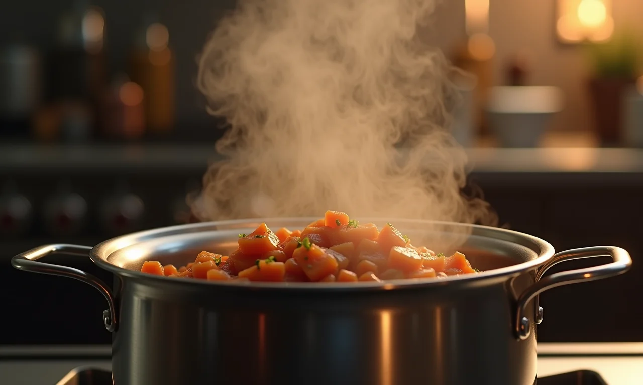 Canjica cozinhando em panela de pressão, vapor saindo.