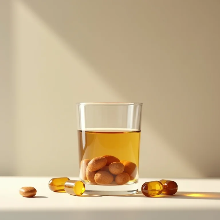 Cápsulas de suplemento de ulmeira e um copo d'água