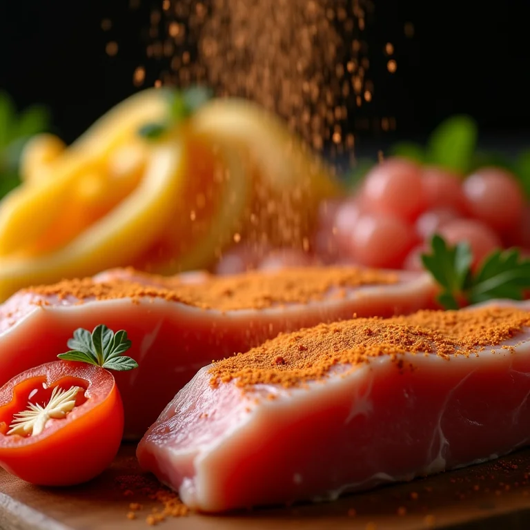 Carnes, aves e legumes sendo temperados com molho tártaro em pó.