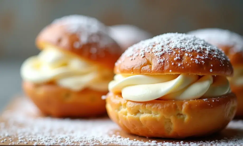 Carolinas francesas recheadas com creme de confeiteiro e polvilhadas com açúcar.