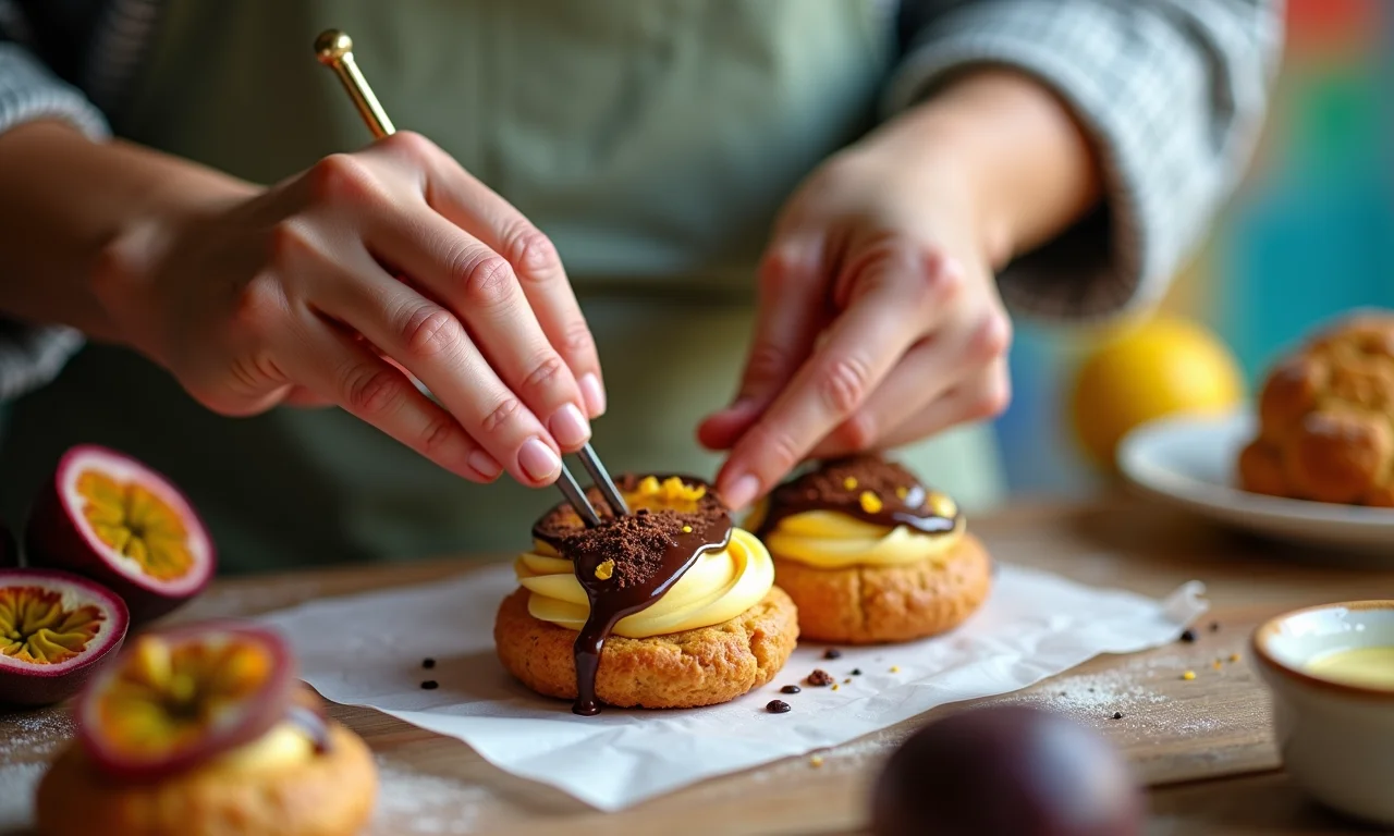 Carolinas sendo personalizadas com creme de maracujá e chocolate.