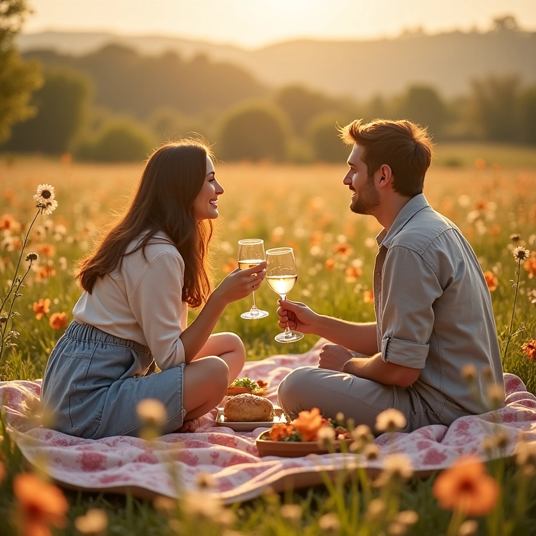 Casal apaixonado fazendo piquenique romântico ao ar livre.